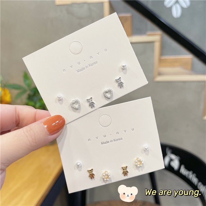 S sterling silver jarum Mutiara Hati anting-anting set cute gadis Beruang anting-anting sederhana wa