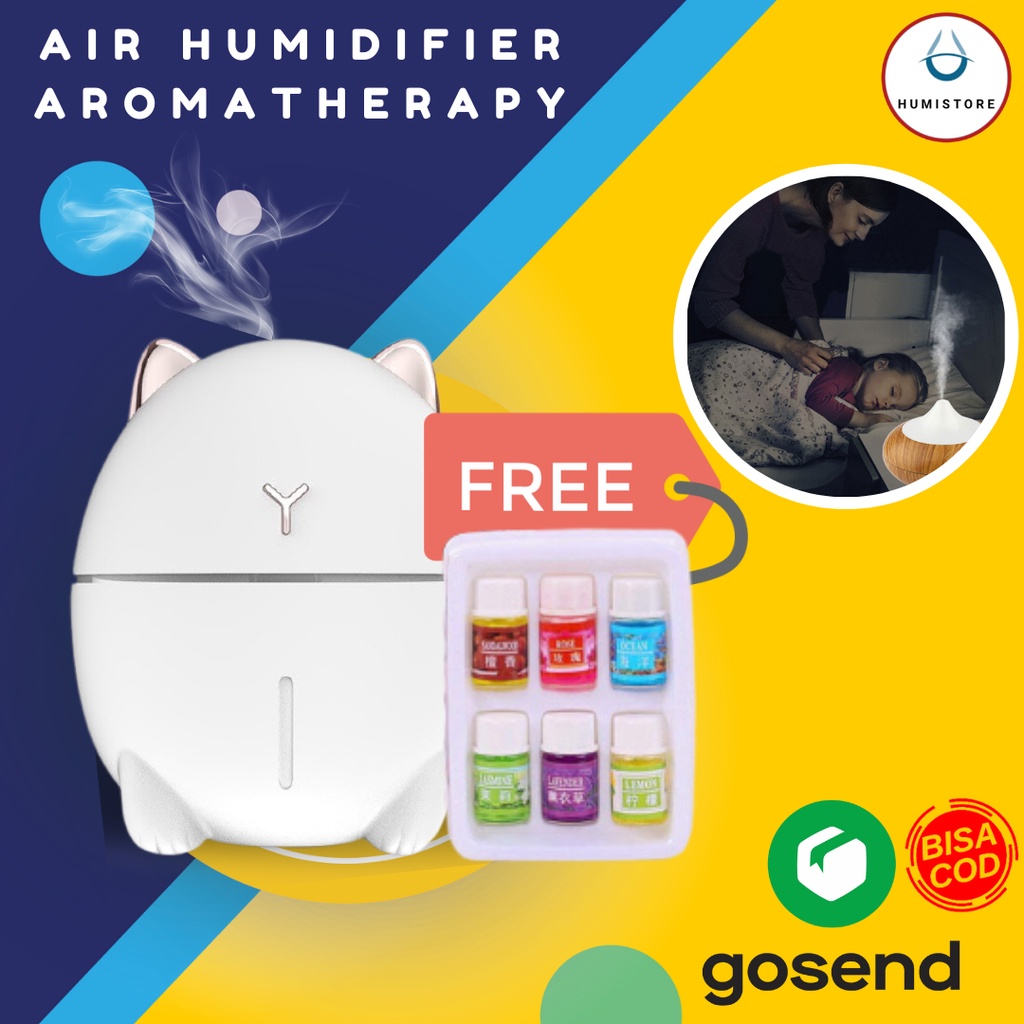Air Humidifier Aromatherapy Desain Kayu 130ml-Cat White + Oil