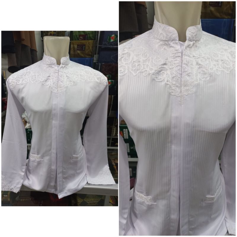 Baju koko pria muslim takwa tamer katun sutra bordir putih lengan panjang