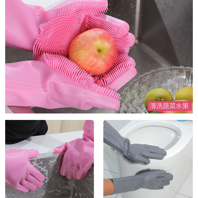 AS812 Sarung Tangan Karet Tebal Cuci Piring Silikon Dengan Brush Tebal / Silicone Gloves