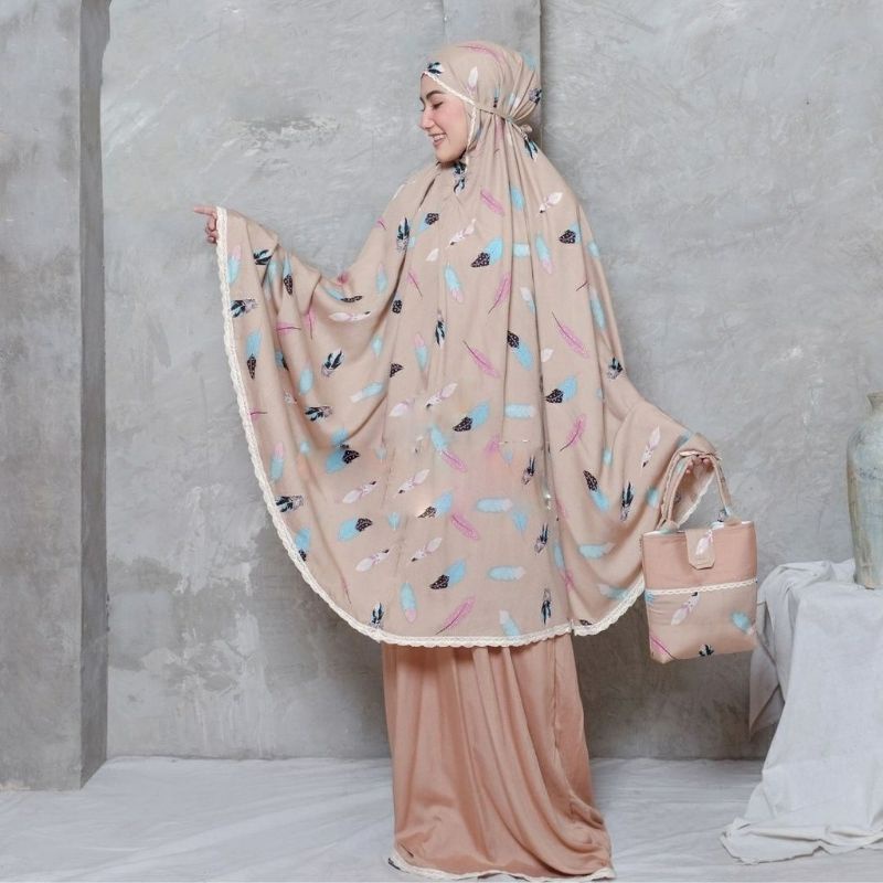 Mukena Dewasa Motif Bulu Angsa Renda Rajut Model Saliha Bahan Adem Anti Tidak Gerah Bonus Tas Mukena