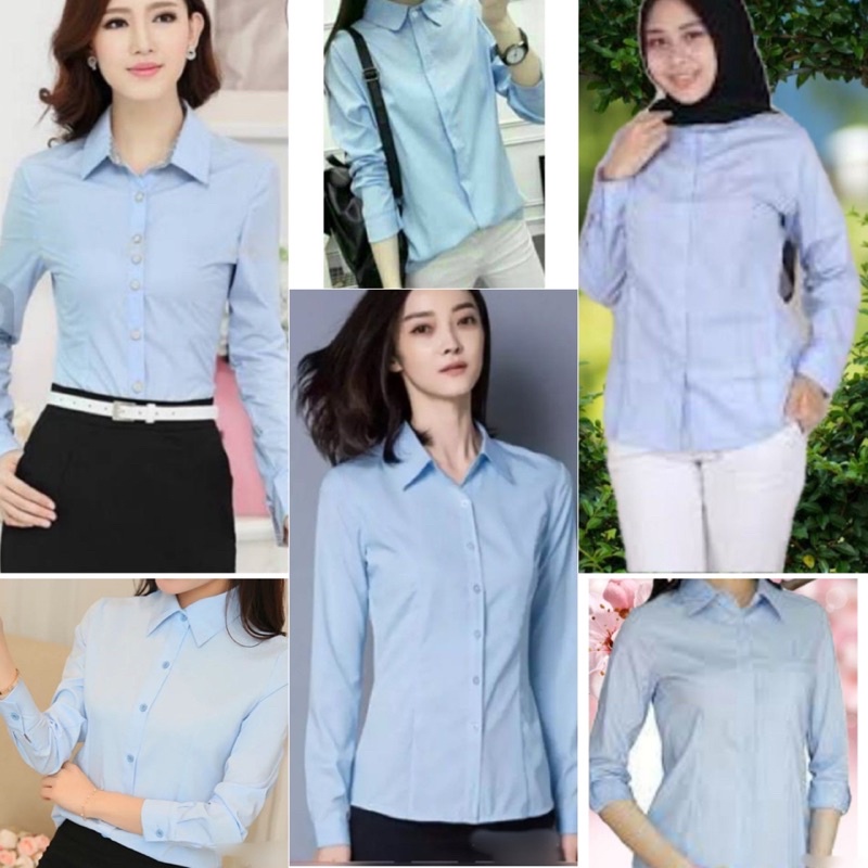 ATASAN KEMEJA WANITA SKY BLUE BIRU MUDA KATUN STRETCH BIRU LANGIT (telor asin) LENGAN PANJANG Baju k