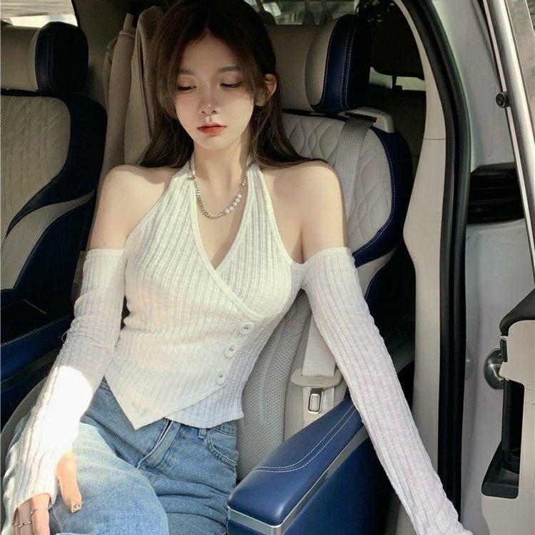 impor kemeja wanita bottoming halter neck sweater off-shoulder atasan tidak beraturan sweater V-neck