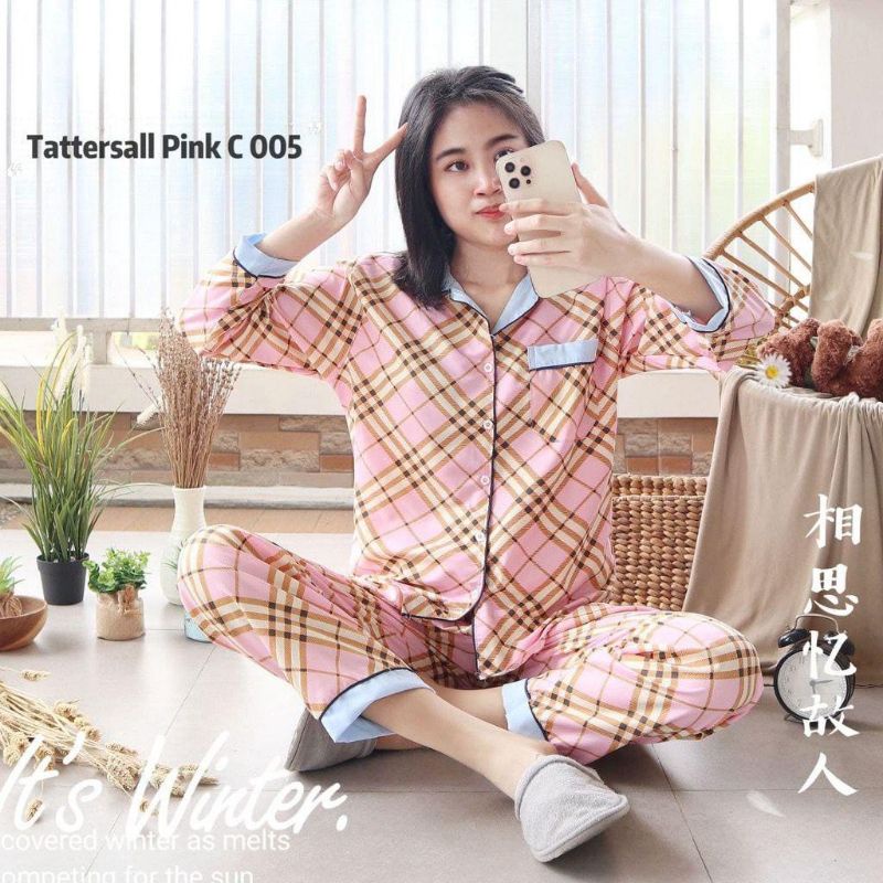 Piyama Wanita Lengan Panjang PP Motif Bunga Set Piyama Baju Tidur Wanita Remaja Baju Tidur ABG-Abs pink tosca