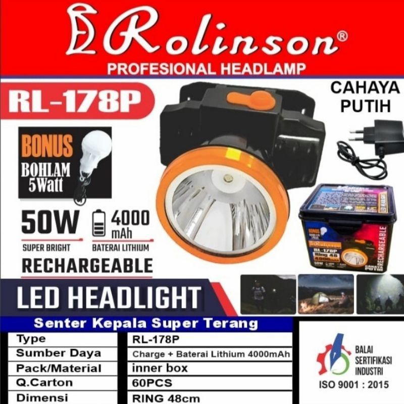 Senter Kepala Berkemah LED Super Terang 50 Watt - Head Lamp Free Bohlam LED - Cahaya Putih - Kuning