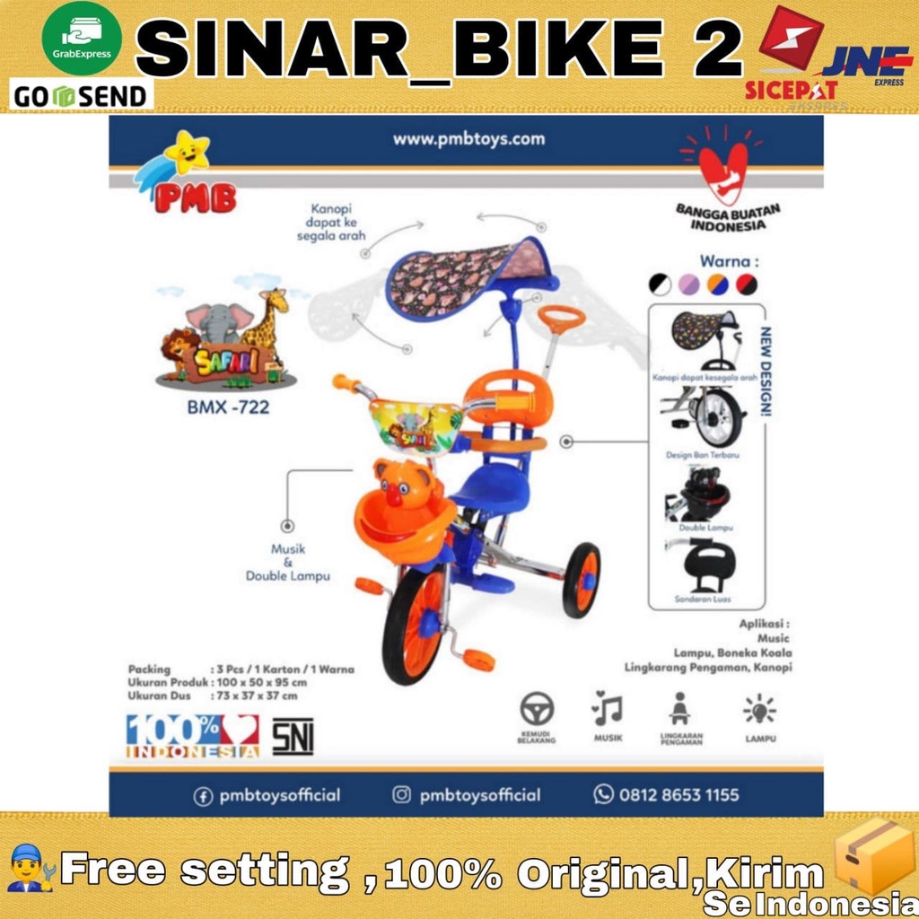 Sepeda Anak Roda Tiga PMB BMX 722 Nikel 1-3 Tahun Roda Karet IC Music Koala Kanopi Tricycle Kids