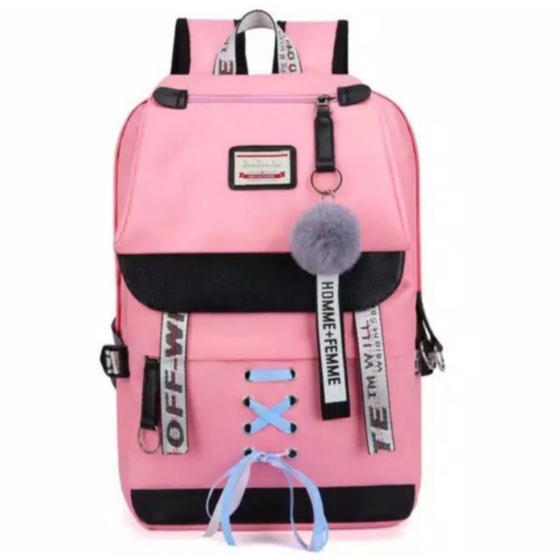 Tas Ransel Remaja Sekolah Pita tengah Laki laki perempuan sd,smp,sma kekinian-Pink garis