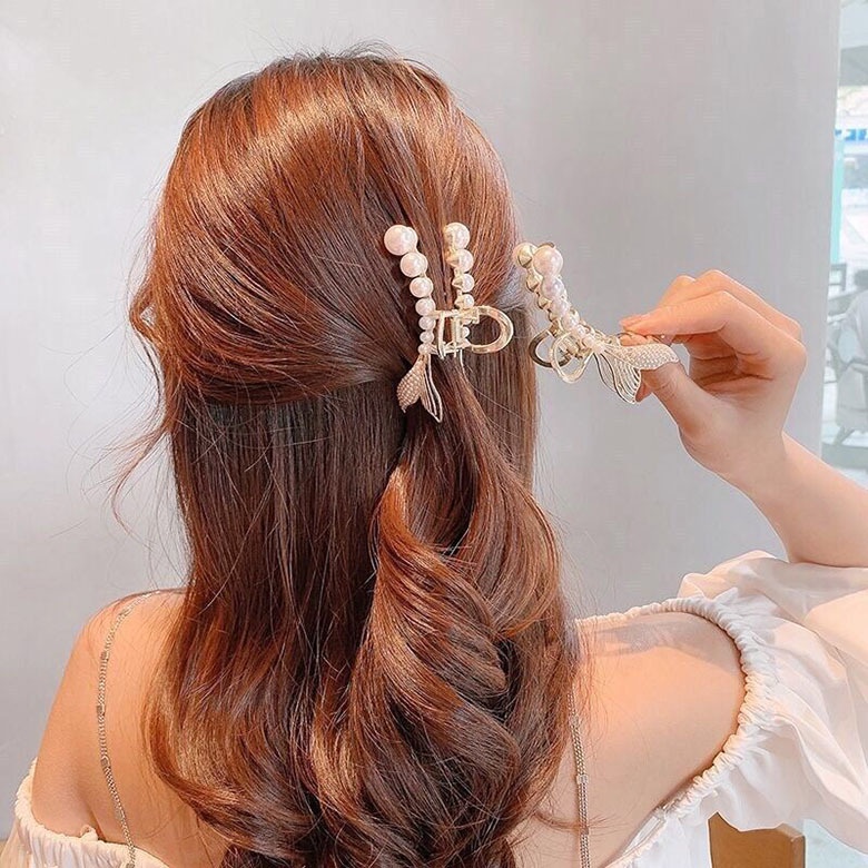 Women Korean INS Style Pearl Fish Bone Fishtail Metal Hair Clips