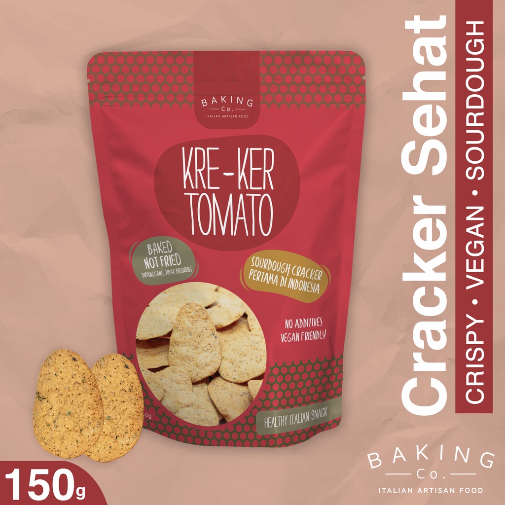 

BakingCo KreKer Tomato & Oregano Sourdough Healthy Crackers - 150 gr Snack Sehat, Vegan Cracker, Keripik, Cemilan, Italian Bites