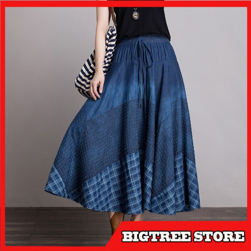 Rok Panjang Korea Import Long Maxi A-line Skirts  Elastic Waist Spring And Summer Denim Jeans Patchw