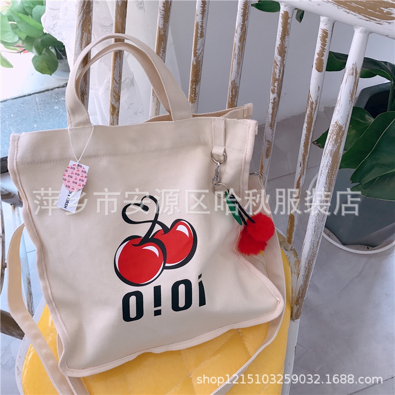 Oioi Tas Bahu Tote Kanvas Motif  Print Buah Ceri Untuk  