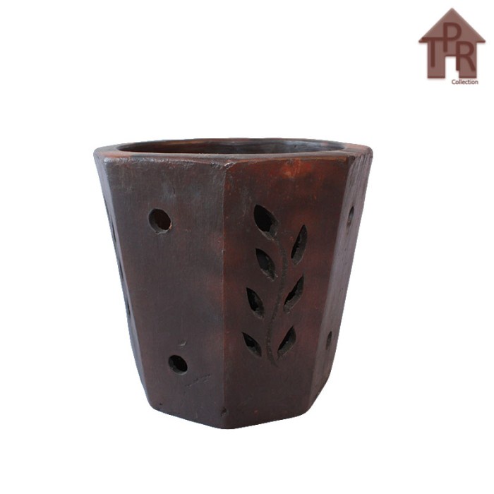 Gerabah | pot tanah liat | pot segi-8 bolong ornamen daun - D20