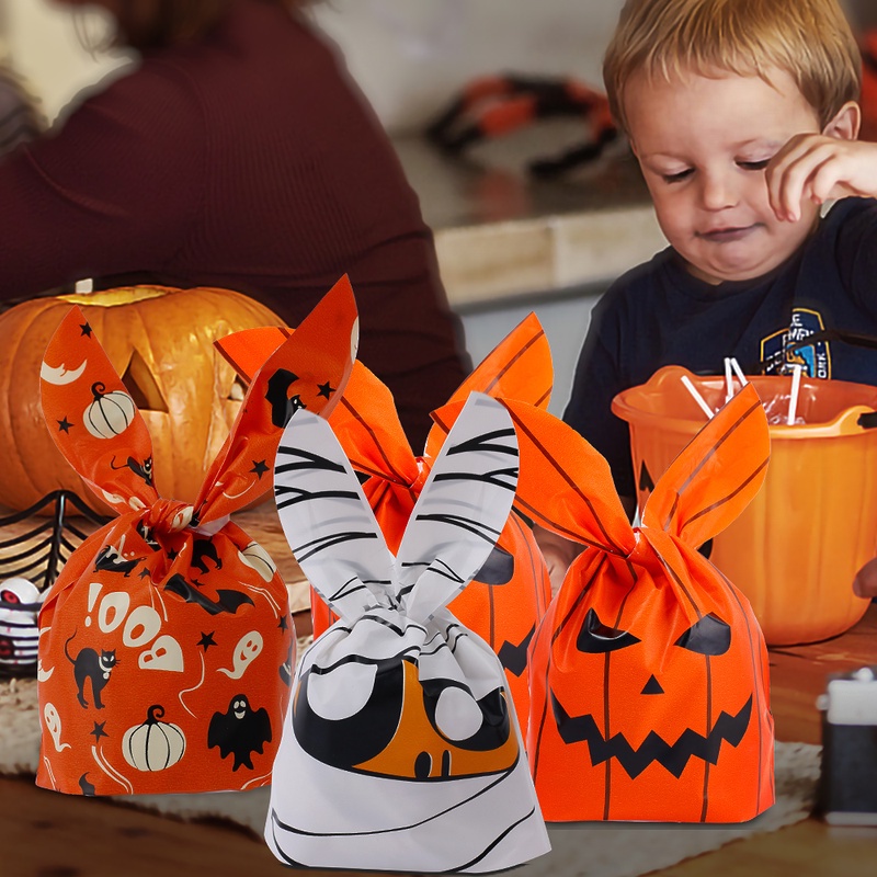 50 Pcs Tas Permen Desain Labu Telinga Kelinci Untuk Dekorasi Halloween