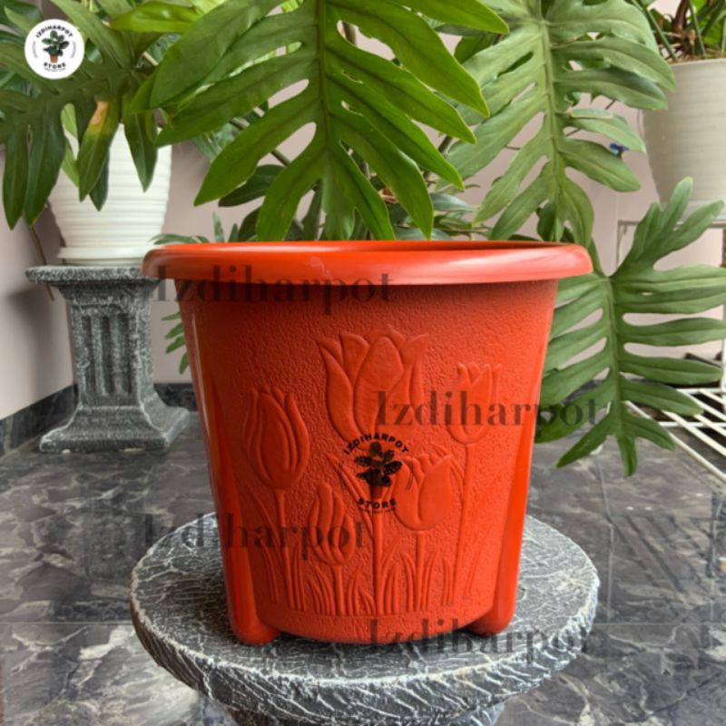 pot bunga tanaman motif bunga tulip 25cm MERAH BATA - TULIP 07K MERAH BATA