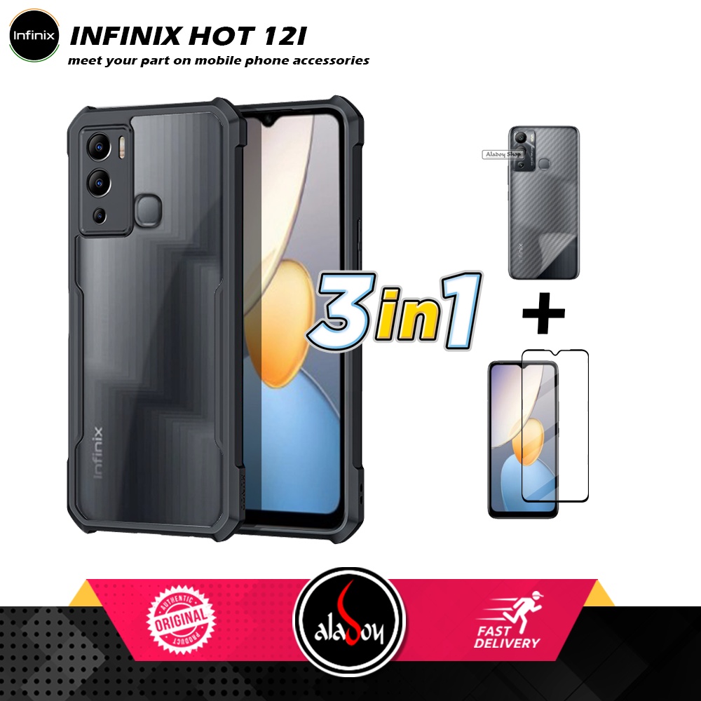 Case Infinix Hot 12I 2022 Armor Fushion Transparent Casing + Tempered Glass Full Layar dan Skin Carbon