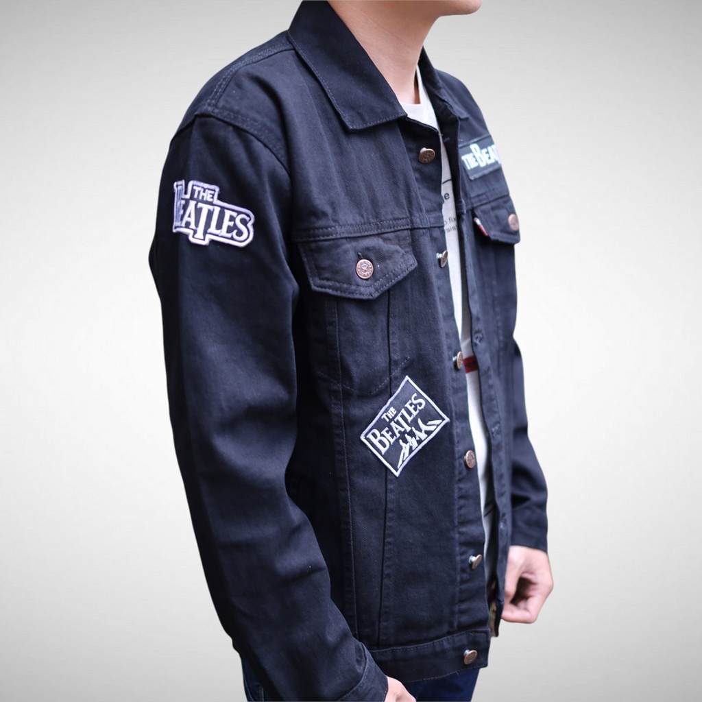 Jaket Jeans Bordir Hitam / Jaket Denim Patch Kecil Logo Band - The Beatles