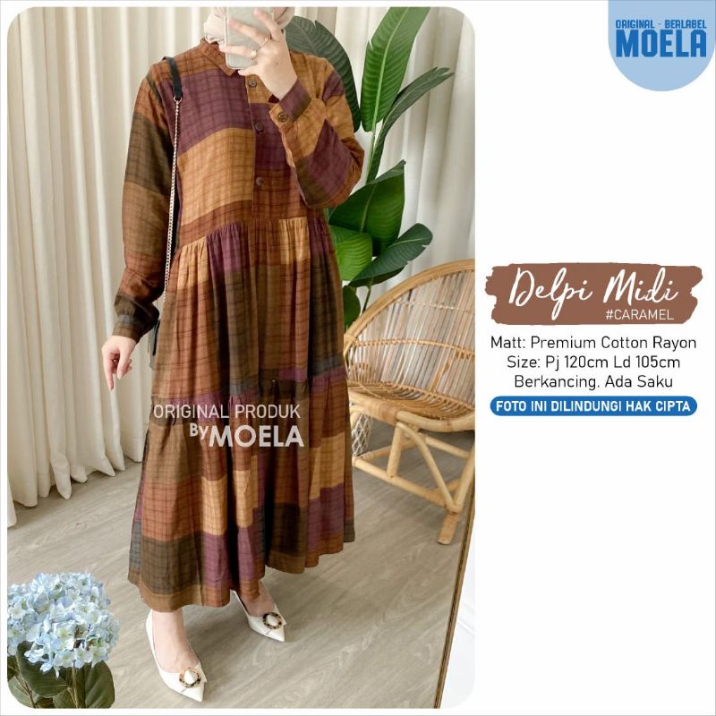 MIDI DRESS DENGAN SAKU DAN BERKANCING BAHAN PREMIUM COTTON RAYON ~ DELPI MIDI ORIGINAL MOELA 