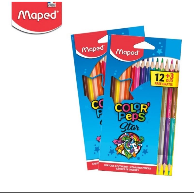 

Pensil Warna 12 × 3 Duo Warna Maped Color Peps Star Cardboard 15 pcs include Gold Silver