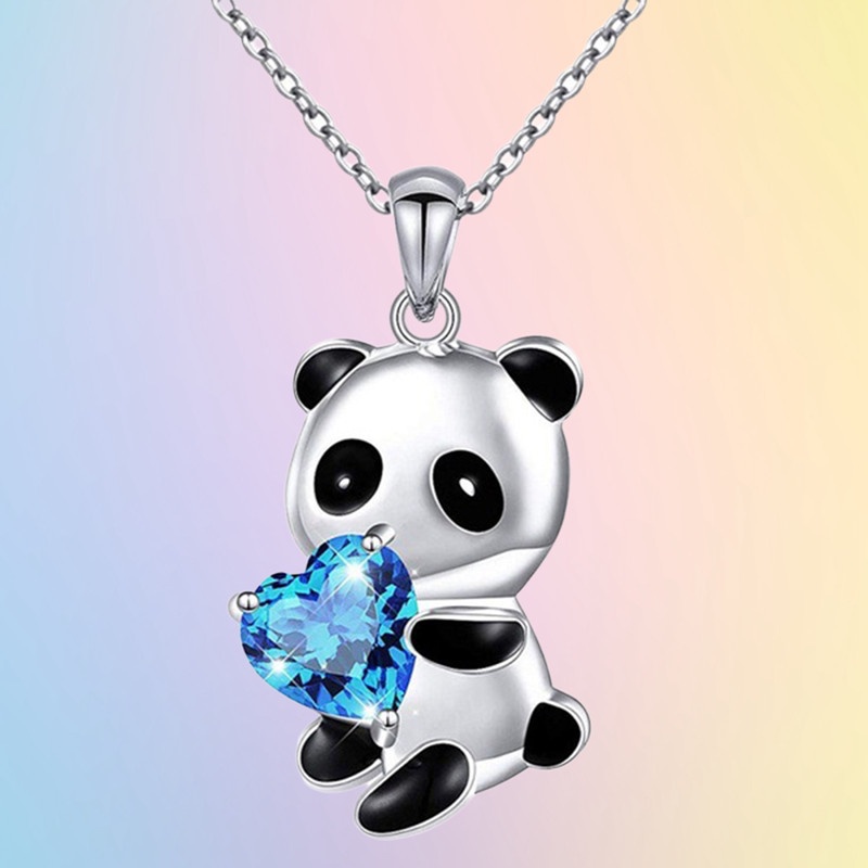 Kalung Wanita Dengan Liontin Panda Sapphire Hati Kristal Untuk Hadiah Ulang Tahun Anniversary