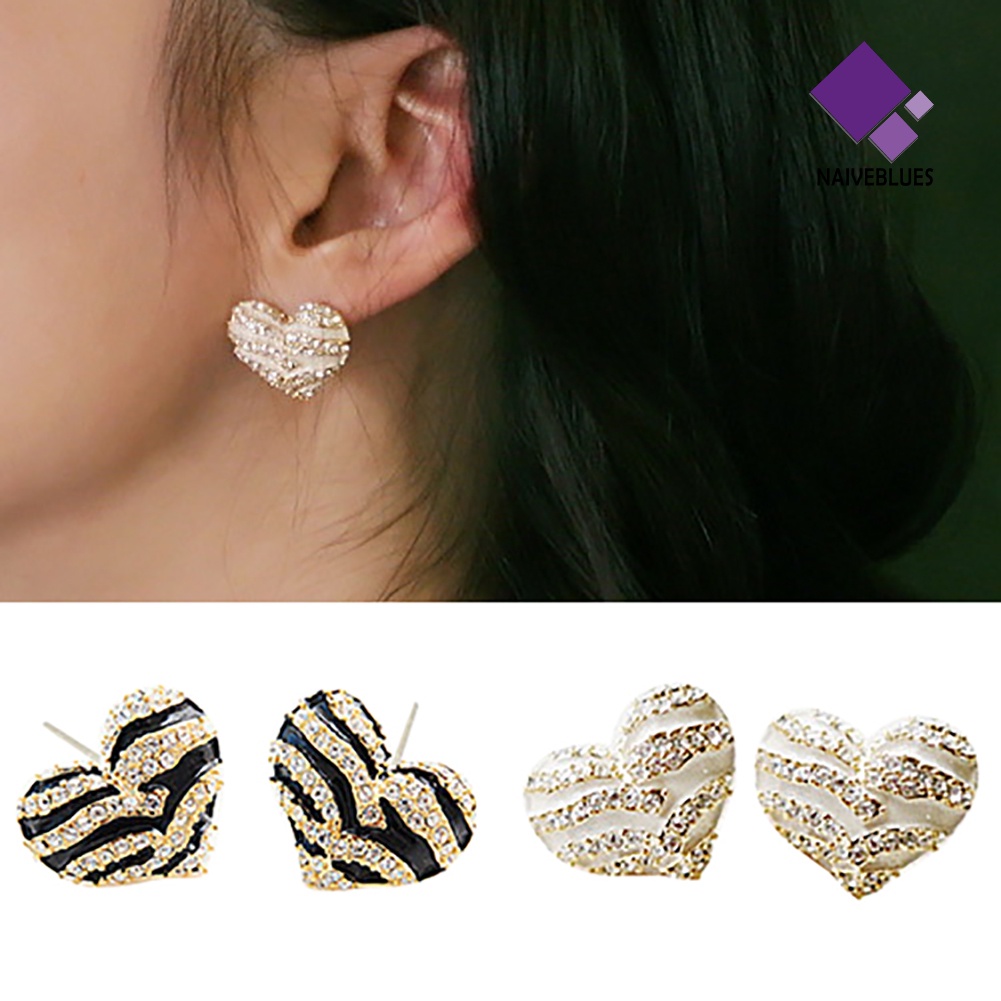 Anting Stud Bentuk Hati Zebra Aksen Kristal Berlian Imitasi Untuk Wanita