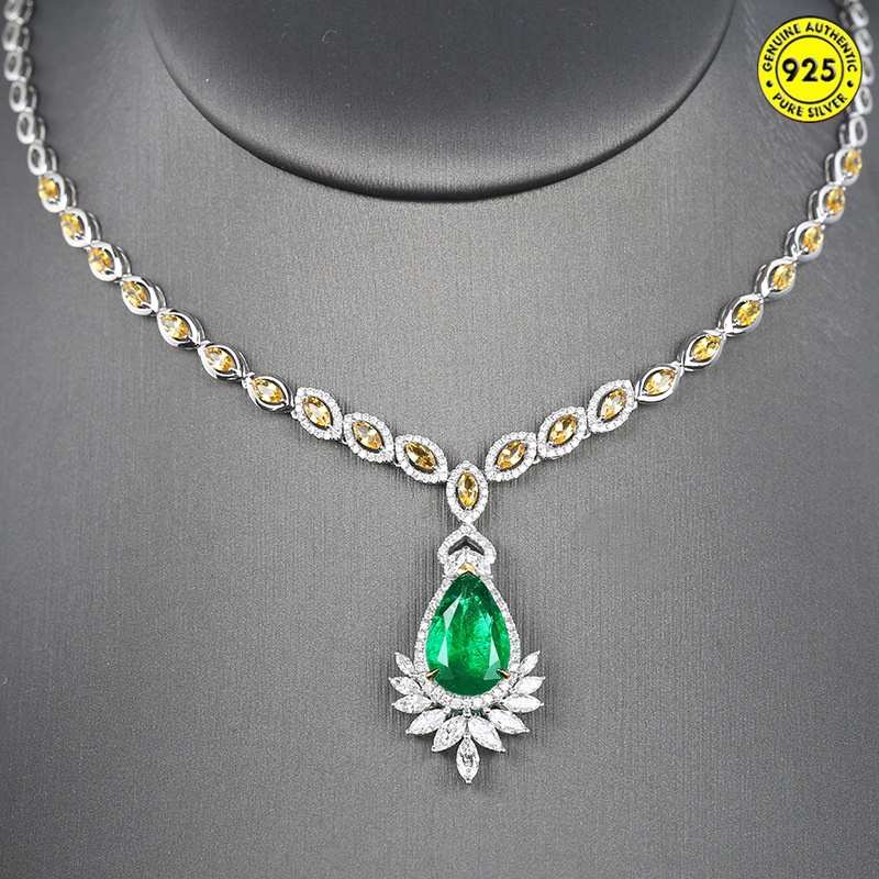 Set Kalung Rantai Dengan Liontin Batu Permata Emerald Kristal Untuk Wanita