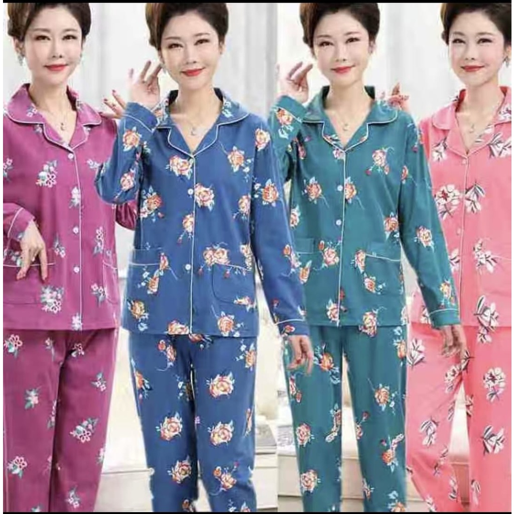 Baju tidur piyama pp bahan spandek premium motif kembang daun