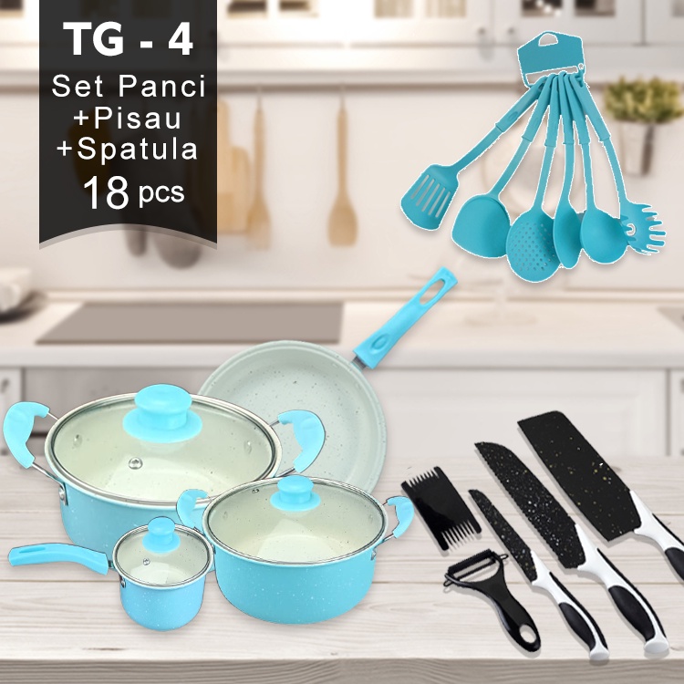 Panci Set lengkap teflon Warna Cookware Frypan Saucepan Milkpot Free Spatula 6Pcs