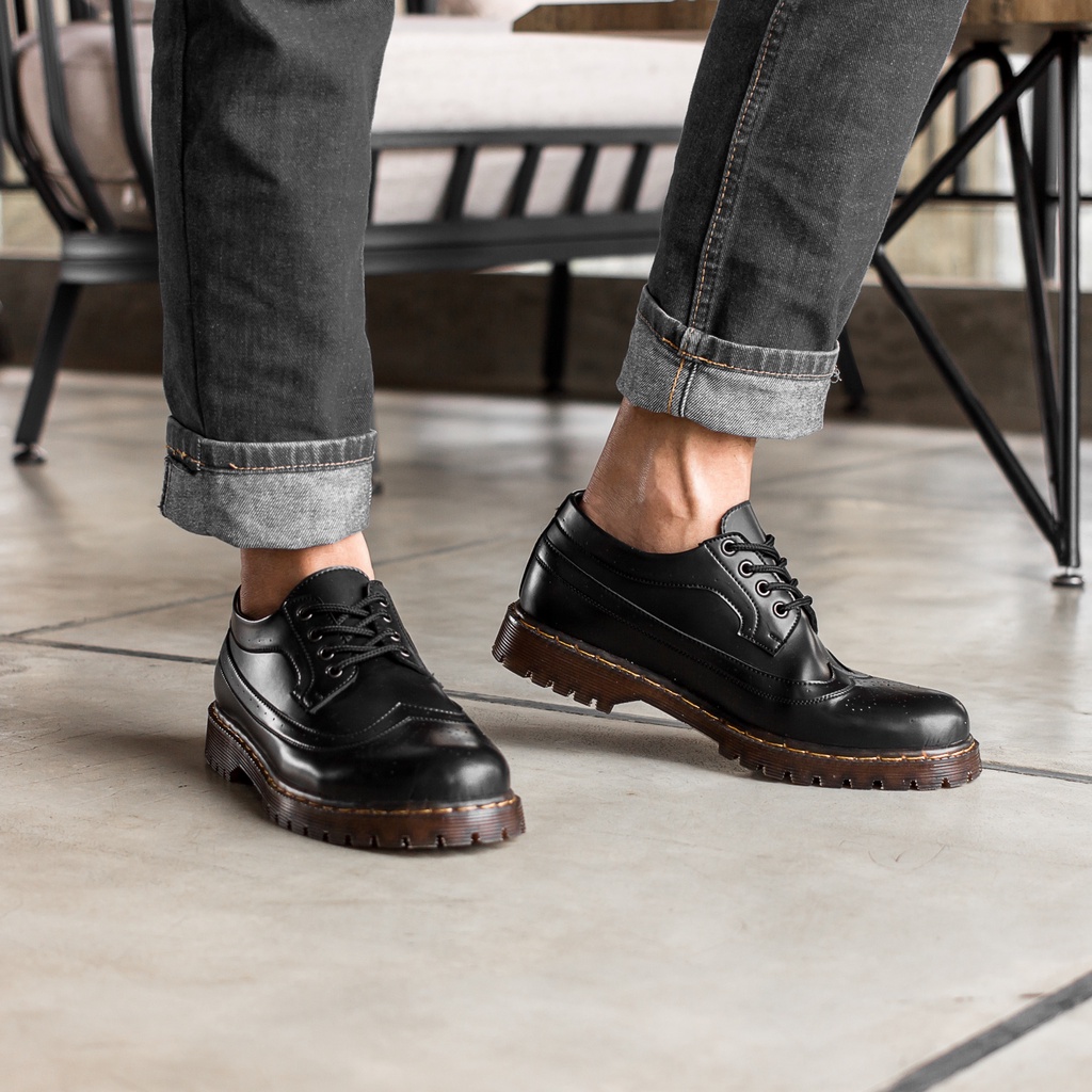 Moza Black | Sepatu Pantofel Longwing Hitam Pria Pantopel Tali Formal Casual Kerja Cowok Ori | FORIND Nazreal