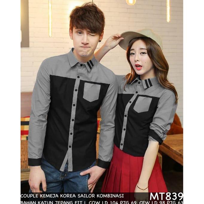 Promo Akhir Tahun KEMEJA COUPLE/KEMEJA PASANGAN/BAJU COUPLE KOREA HEM SAILOR KOMBINASI - Hitam