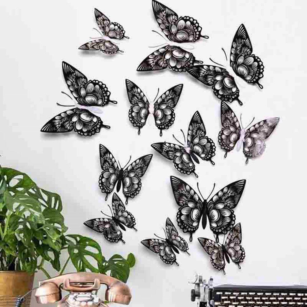 R-flower 12PC 3D Hollow Butterfly Kupu-Kupu Cantik Decals Pernikahan Rumah Pesta Dinding Décor