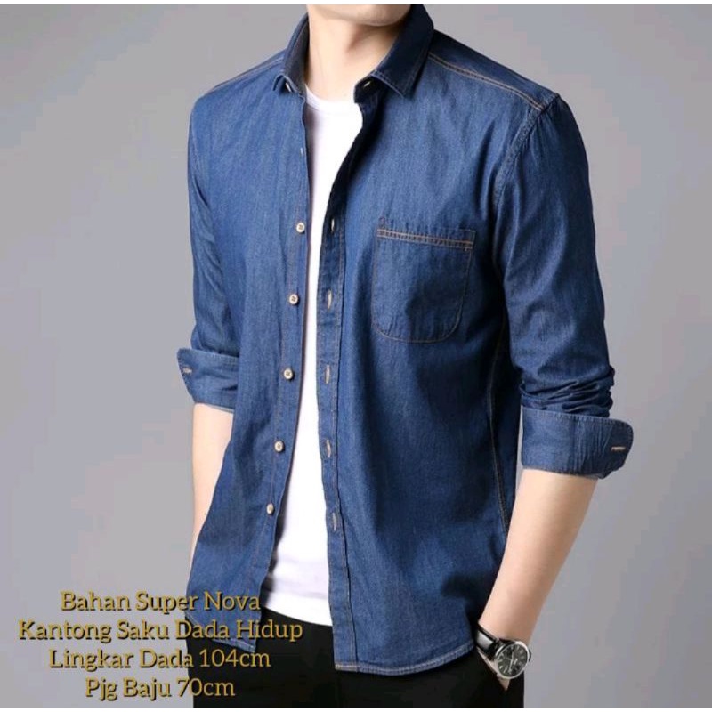 kemeja lengan panjang pria | baju casual biru | kemeja promo