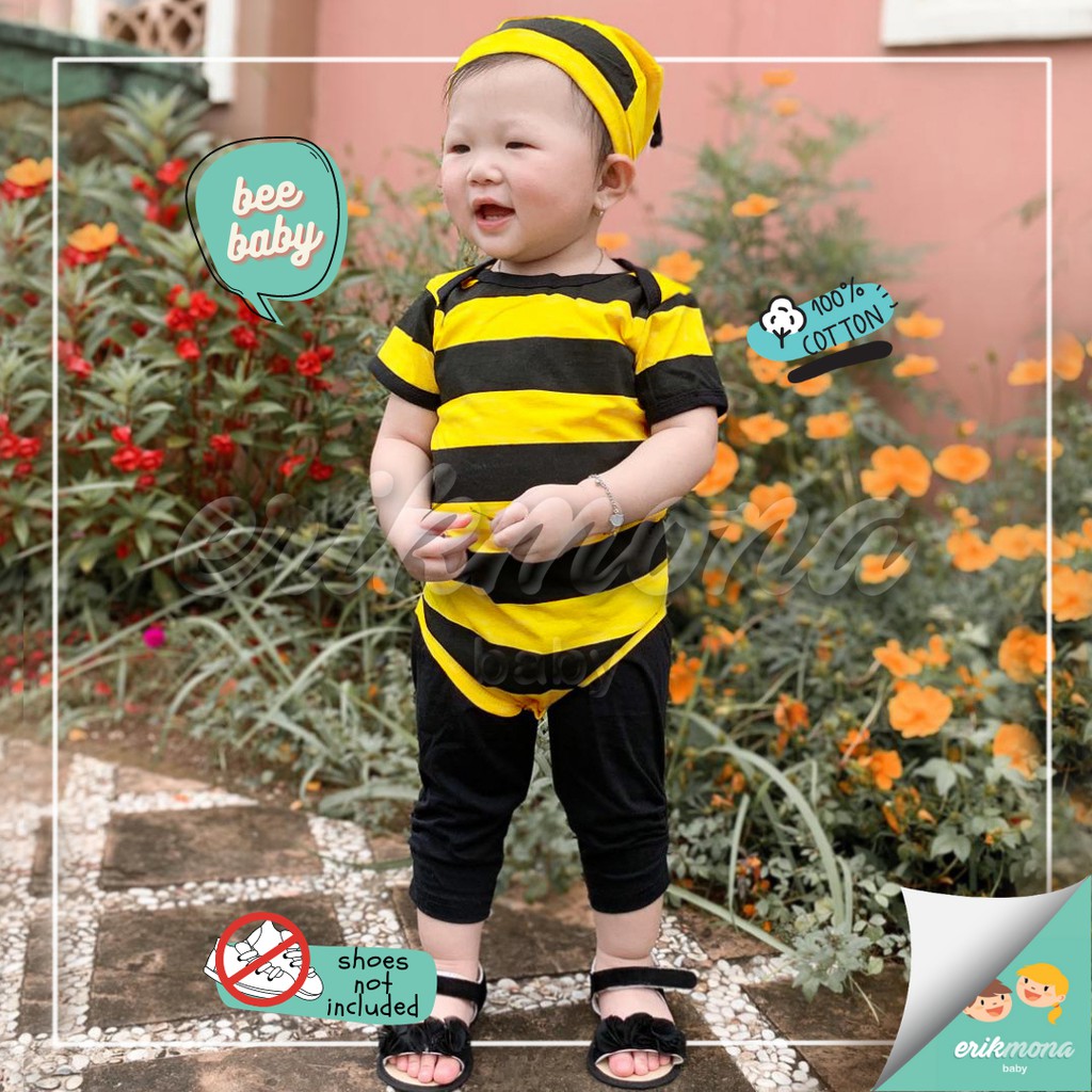 Ermon Baby - Jumper Bayi Laki Laki Perempuan Jumper Baby Cowok Cewek Lucu Karakter Lebah Bee + Topi Usia 0 - 12 Bulan