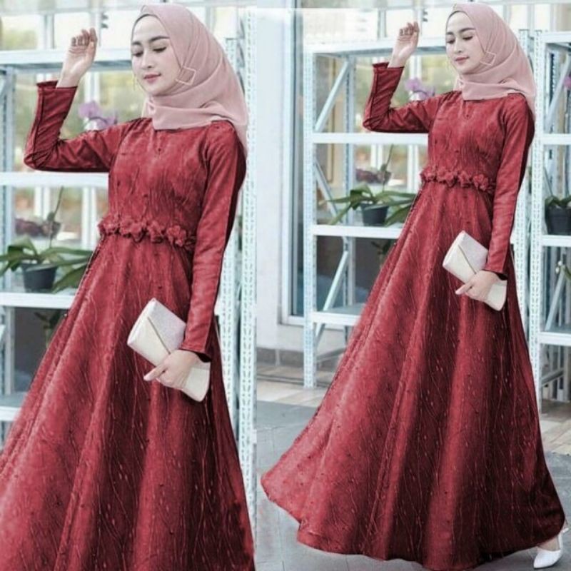 ARU ALOSIA brukat mutiara maxi dress gamis syari pakaian muslim wanita