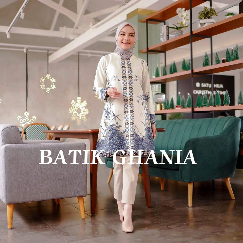 TUNIK DAN KEMEJA BATIK TERBARU ATASAN BATIK WANITA MODERN LENGAN PANJANG MOTIF PUTIH TULANG BY BATIK GHANIA