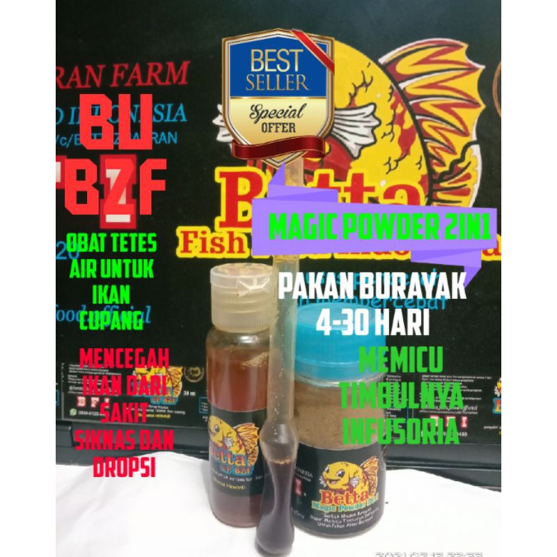 Pakan Burayak ikan cupang umur 4 hari Magic Powder 2in1 dan obat tetes ikan Betta up BZF