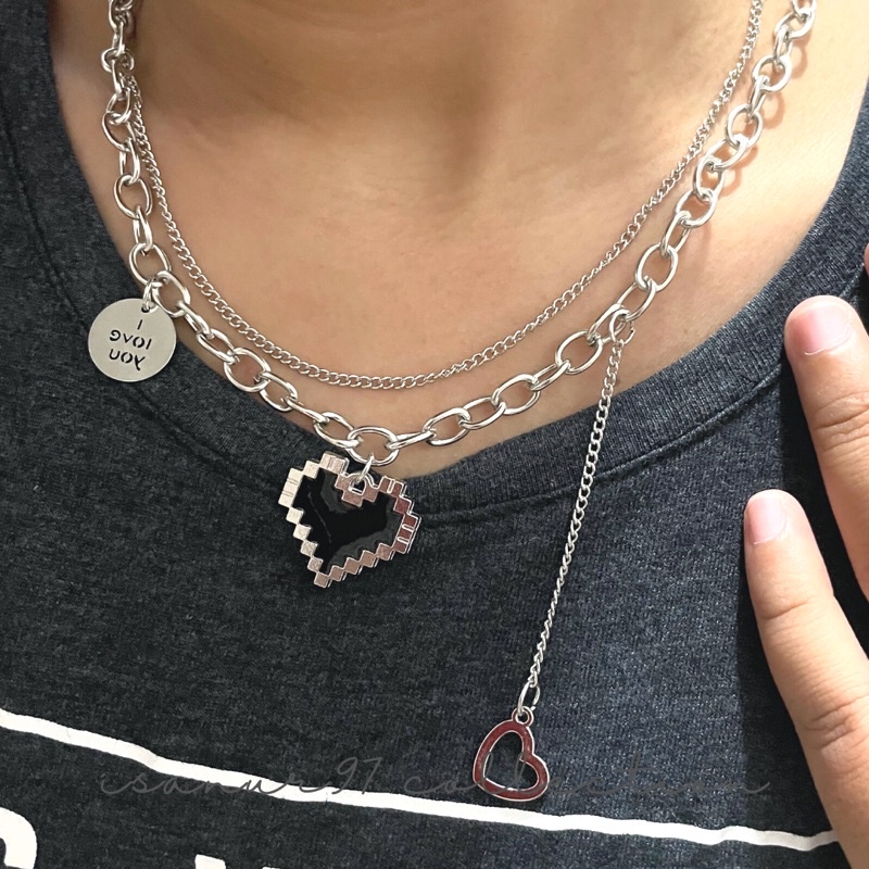 ISANUR97 | Kalung Titanium Love Mosaik Mozaik Kalung Rantai Wanita Pria Korea Liontin Hip Hop Anti Karat Dan Luntur Mewah Multi-layer Retro