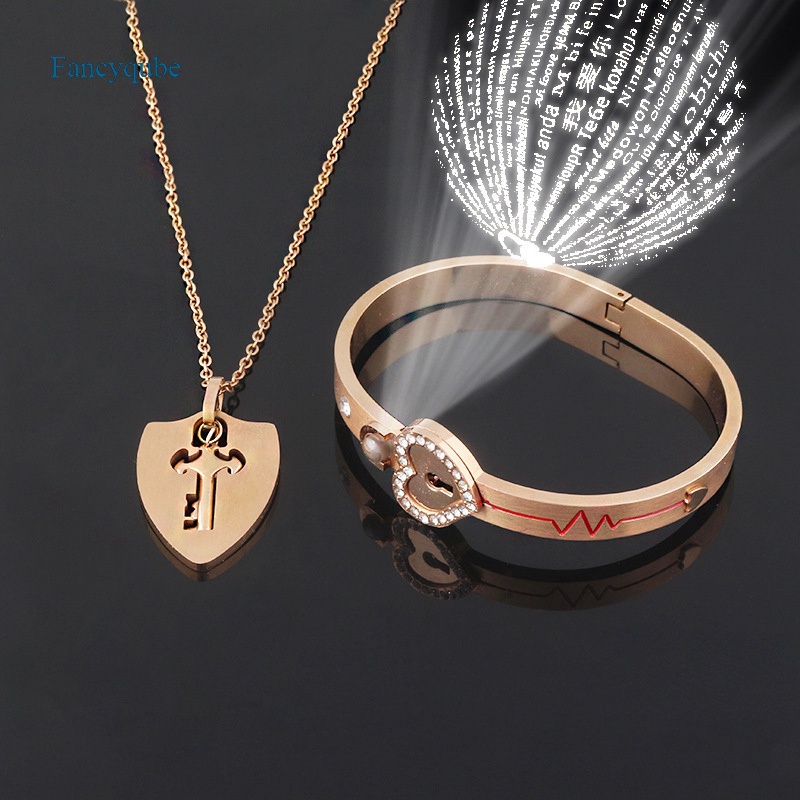 Fancyqube Fancycube Set Kalung Gelang Bangle Liontin Kunci Hati Bahan Titanium Steel Untuk Pasangan