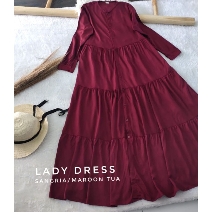 dress full kancing lady rayon twill premium maroon merah tua dark red ld 110 lembut anti nerawang