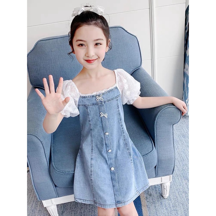 Dress Denim Anak Perempuan Import Motif Bunga Putih Mutiara