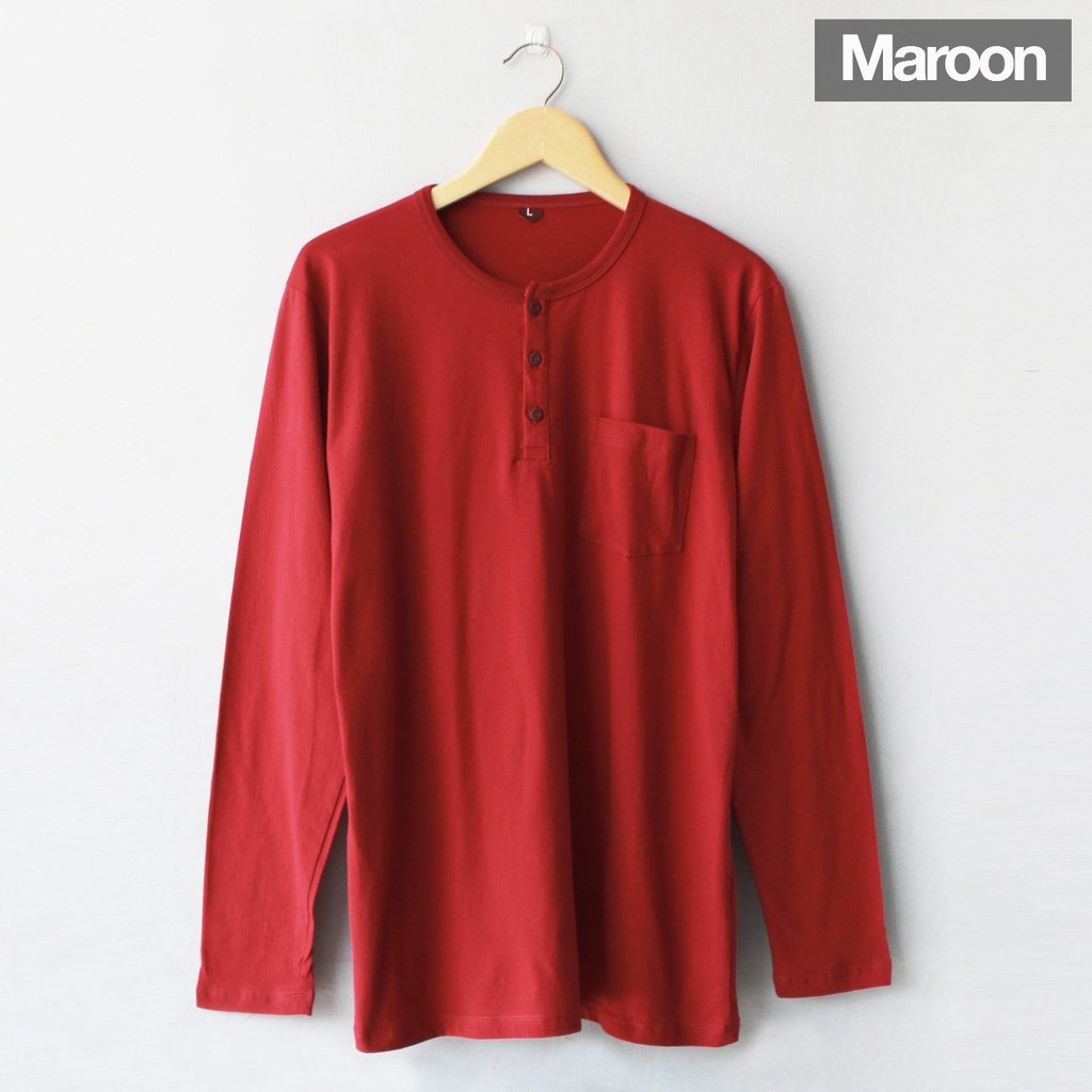 Kaos Henley Lengan Panjang Pria Maroon Solid Cotton Combed 30s