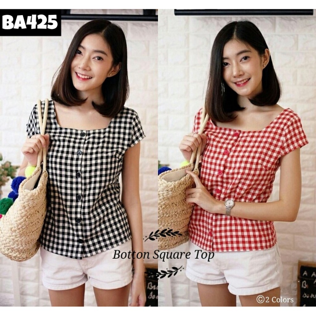 Blouse wanita / cewek atasan motif katun kotak lengan pendek pergi hangout kekinian modis -425