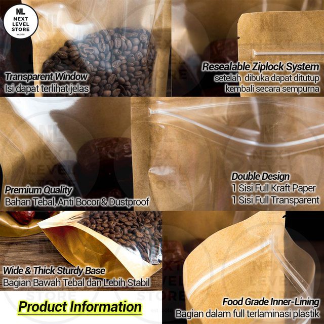 Standing Pouch Kraft Brown 10x15+3cm Full Transparent Ziplock Flat