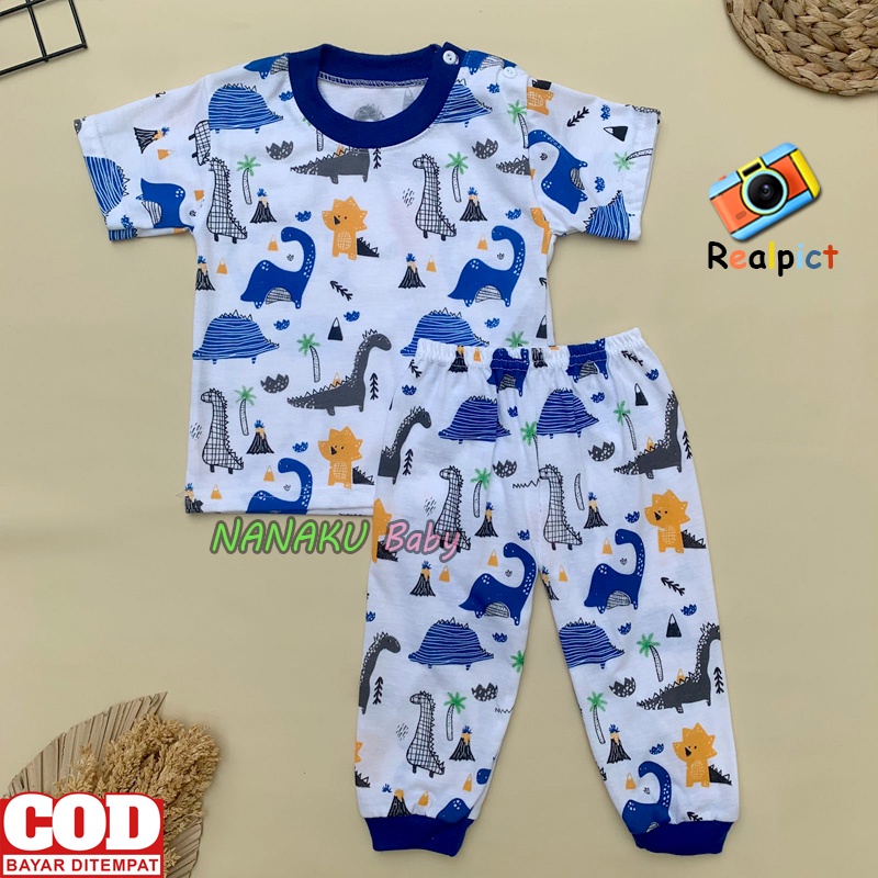 Ana Baby - Setelan abju Bayi Lengan Pendek Celana Panjang Motif Dino Usia 3-12 Bulan