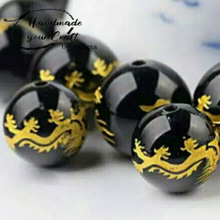 Butir Batu Black Onyx Tibetan Dragon Carved Stone