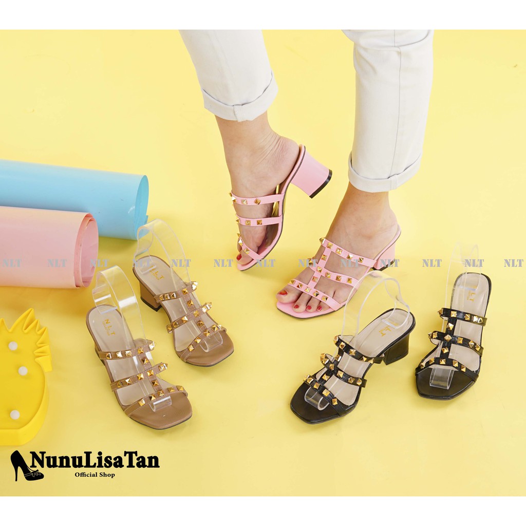 NunuLisaTan Frozen - Cod Terbaru High Heels Block 5cm Korea Hitam Mocca Pink