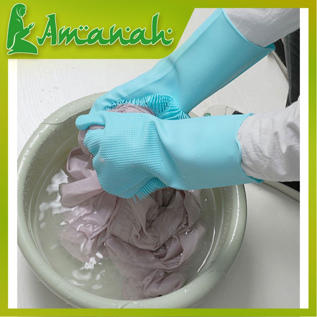 AS812 Sarung Tangan Karet Tebal Cuci Piring Silikon Dengan Brush Tebal / Silicone Gloves