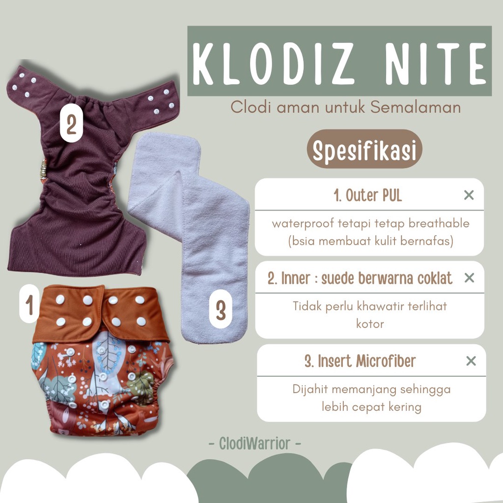 Klodiz Nite Polos Clodi Allsize Untuk Malam Hari Type Pocket Insert Long Popok Kain SNI