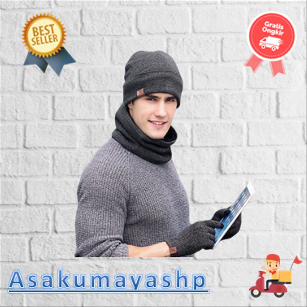 Big Sale kupluk pria keren kupluk import topi syal dan sarung tangan hat wool - Hitam kupluk pria