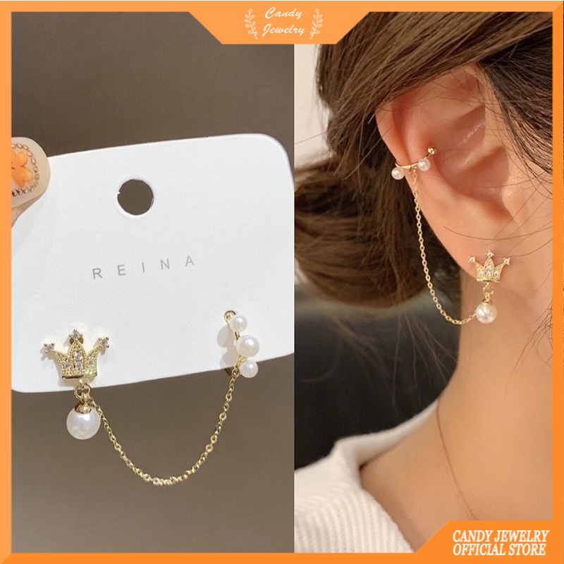 Anting Tusuk Sterling Silver 925 Desain Mahkota Hias Mutiara + Berlian Gaya Korea Untuk Wanita