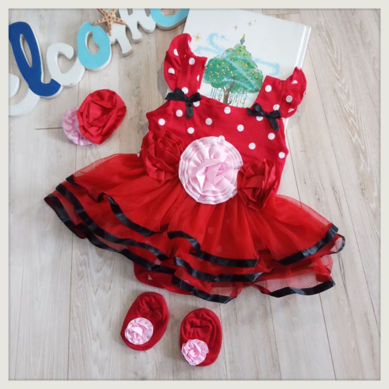 Baju bayi perempuan jumper dres 0 6 bulan lucu set bando sepatu babygirl kado bayi cewek